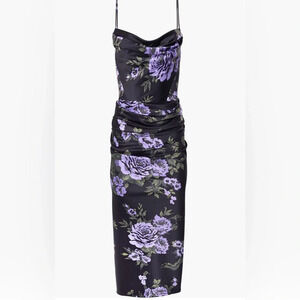 Carolina Herrera Satin Floral Purple Print, Cowl Neck MIDI Dress, Corset Tie